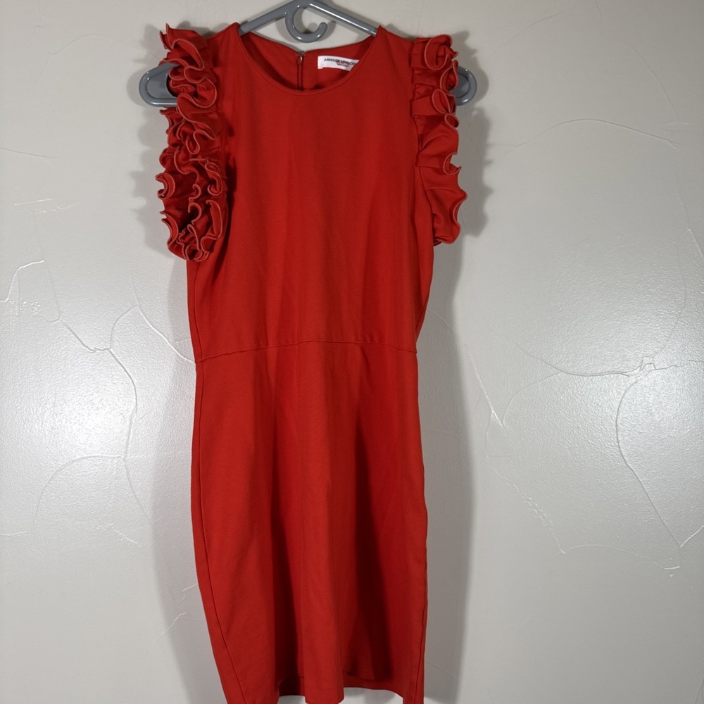 Amanda Uprichard Spandex Nylon Dress Tomato‎ Red Medium Stretchy Ruffle  Sleeves